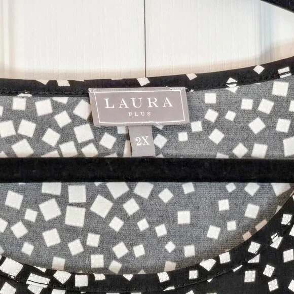 Laura Plus Black & White Square Polka-Dot A-Line Belted Midi Dress | Size 2X - Picture 2 of 8